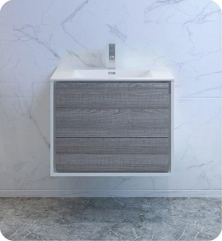 Image of Fresca Catania 30" Glossy Ash Gray Wall Hung Modern Bathroom Cabinet w/ Integrated Sink | FCB9230HA-I