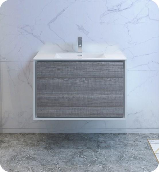 Fresca Catania 36" Glossy Ash Gray Wall Hung Modern Bathroom Cabinet w/ Integrated Sink | FCB9236HA-I