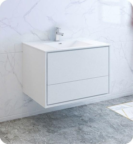 Image of Fresca Catania 36" Glossy White Wall Hung Modern Bathroom Cabinet w/ Integrated Sink | FCB9236WH-I