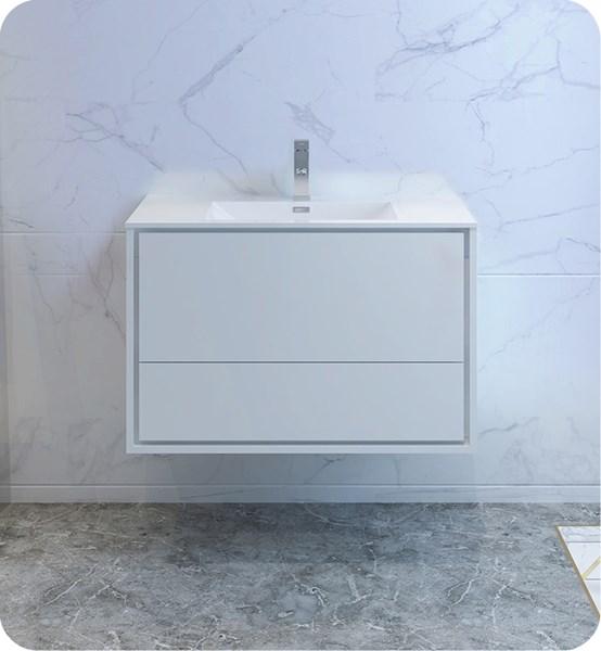 Fresca Catania 36" Glossy White Wall Hung Modern Bathroom Cabinet w/ Integrated Sink | FCB9236WH-I
