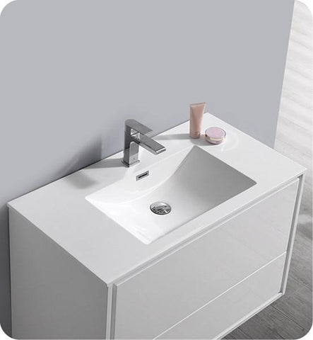 Image of Fresca Catania 36" Glossy White Wall Hung Modern Bathroom Cabinet w/ Integrated Sink | FCB9236WH-I