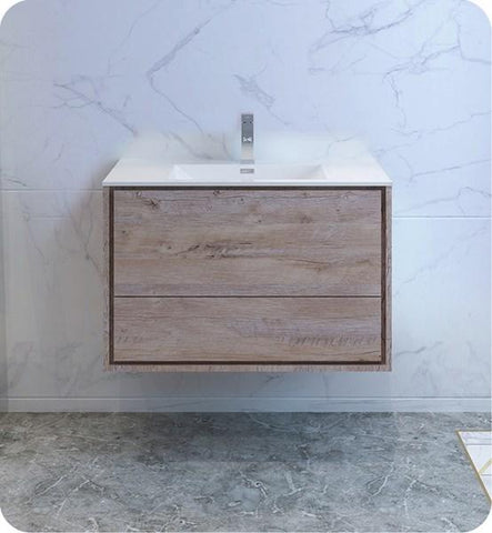 Image of Fresca Catania 36" Rustic Natural Wood Wall Hung Modern Bathroom Cabinet w/ Integrated Sink | FCB9236RNW-I