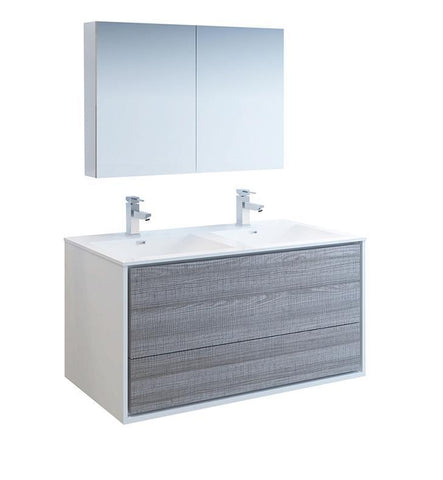 Image of Fresca Catania 48" Ash Gray Double Sink Bath Bowl Vanity Set w/ Cabinet/Faucet