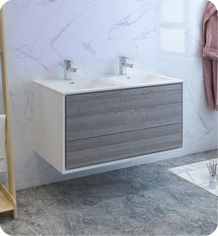 Image of Fresca Catania 48" Glossy Ash Gray Wall Hung Modern Bathroom Cabinet w/ Integrated Double Sink | FCB9248HA-D-I FCB9248HA-D-I