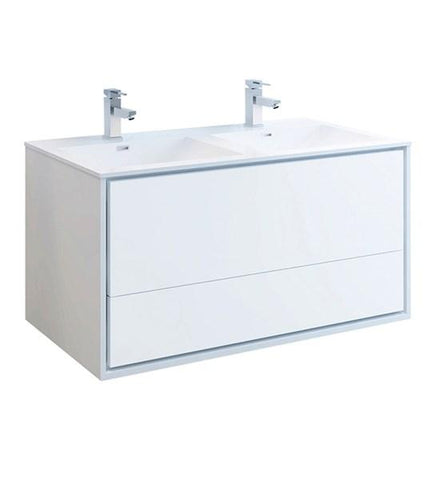 Image of Fresca Catania 48" Glossy White Wall Hung Modern Bathroom Cabinet w/ Integrated Double Sink | FCB9248WH-D-I