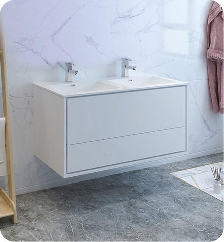Image of Fresca Catania 48" Glossy White Wall Hung Modern Bathroom Cabinet w/ Integrated Double Sink | FCB9248WH-D-I