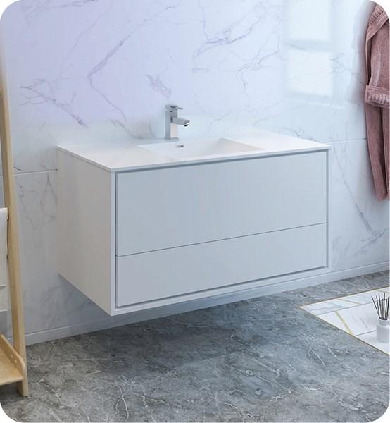 Fresca Catania 48" Glossy White Wall Hung Modern Bathroom Cabinet w/ Integrated Sink | FCB9248WH-I