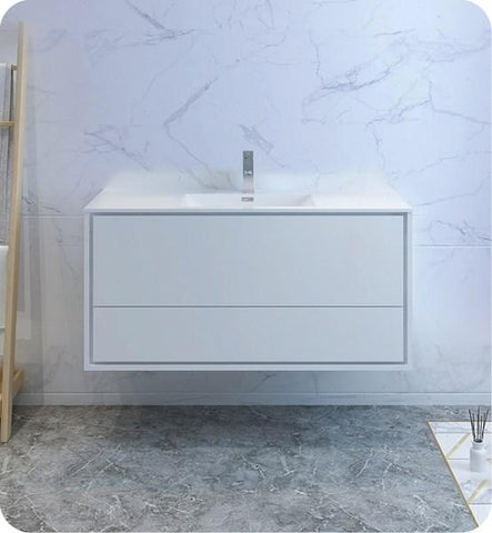 Image of Fresca Catania 48" Glossy White Wall Hung Modern Bathroom Cabinet w/ Integrated Sink | FCB9248WH-I