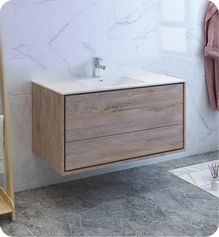 Fresca Catania 48" Rustic Natural Wood Wall Hung Modern Bathroom Cabinet w/ Integrated Sink | FCB9248RNW-I