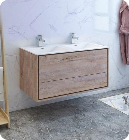 Fresca Catania 48" Rustic Natural Wood Wall Modern Bathroom Cabinet w/ Integrated Double Sink | FCB9248RNW-D-I