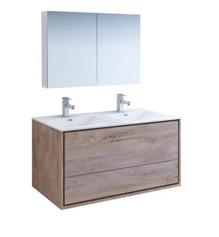 Image of Fresca Catania 48" Rustic Wood Double Sink Bath Vanity Set w/ Cabinet & Faucet FVN9248RNW-D-FFT1030BN