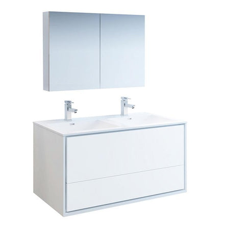 Image of Fresca Catania 48" White Double Sink Bath Bowl Vanity Set w/ Cabinet & Faucet FVN9248WH-D-FFT1030BN