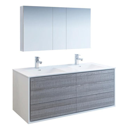Image of Fresca Catania 60" Ash Gray Double Sink Bath Bowl Vanity Set w/ Cabinet/Faucet