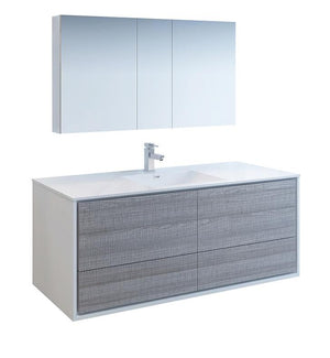 Fresca Catania 60" Ash Gray Single Sink Bath Bowl Vanity Set w/ Cabinet/Faucet