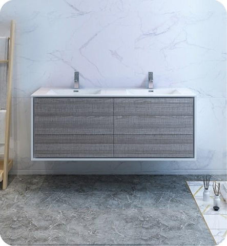 Image of Fresca Catania 60" Glossy Ash Gray Wall Hung Modern Bathroom Cabinet w/ Integrated Double Sink | FCB9260HA-D-I FCB9260HA-D-I