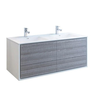 Fresca Catania 60" Glossy Ash Gray Wall Hung Modern Bathroom Cabinet w/ Integrated Double Sink | FCB9260HA-D-I FCB9260HA-D-I