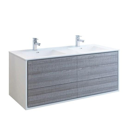 Image of Fresca Catania 60" Glossy Ash Gray Wall Hung Modern Bathroom Cabinet w/ Integrated Double Sink | FCB9260HA-D-I FCB9260HA-D-I