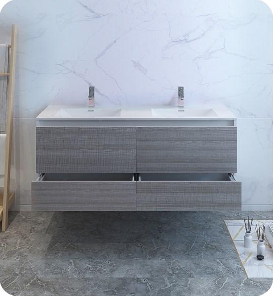 Fresca Catania 60" Glossy Ash Gray Wall Hung Modern Bathroom Cabinet w/ Integrated Double Sink | FCB9260HA-D-I FCB9260HA-D-I