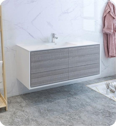 Image of Fresca Catania 60" Glossy Ash Gray Wall Hung Modern Bathroom Cabinet w/ Integrated Single Sink | FCB9260HA-S-I