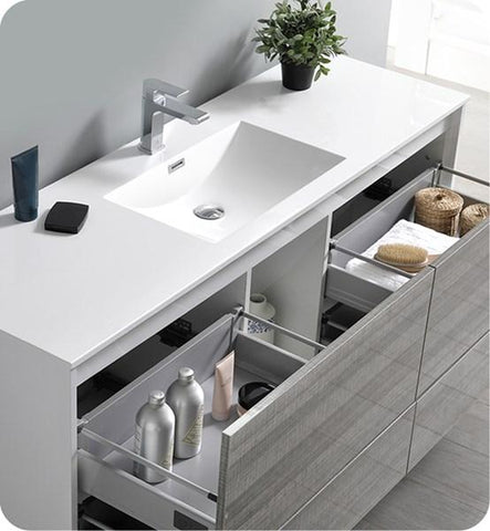 Image of Fresca Catania 60" Glossy Ash Gray Wall Hung Modern Bathroom Cabinet w/ Integrated Single Sink | FCB9260HA-S-I FCB9260HA-S-I