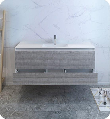Image of Fresca Catania 60" Glossy Ash Gray Wall Hung Modern Bathroom Cabinet w/ Integrated Single Sink | FCB9260HA-S-I FCB9260HA-S-I