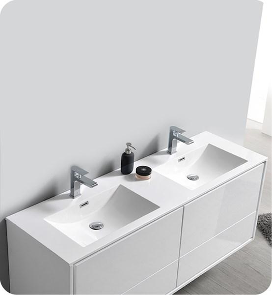 Fresca Catania 60" Glossy White Wall Hung Modern Bathroom Cabinet w/ Integrated Double Sink | FCB9260WH-D-I FCB9260WH-D-I
