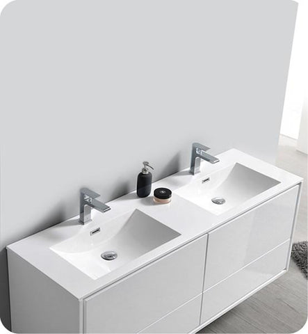 Image of Fresca Catania 60" Glossy White Wall Hung Modern Bathroom Cabinet w/ Integrated Double Sink | FCB9260WH-D-I FCB9260WH-D-I