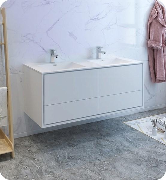 Fresca Catania 60" Glossy White Wall Hung Modern Bathroom Cabinet w/ Integrated Double Sink | FCB9260WH-D-I FCB9260WH-D-I