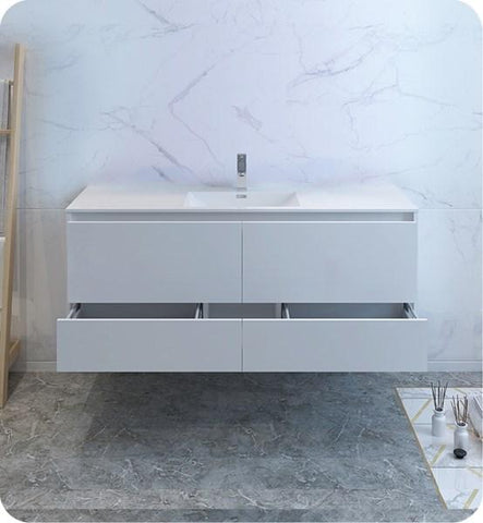 Image of Fresca Catania 60" Glossy White Wall Hung Modern Bathroom Cabinet w/ Integrated Single Sink | FCB9260WH-S-I