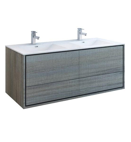 Image of Fresca Catania 60" Ocean Gray Wall Hung Modern Bathroom Cabinet w/ Integrated Double Sink | FCB9260OG-D-I