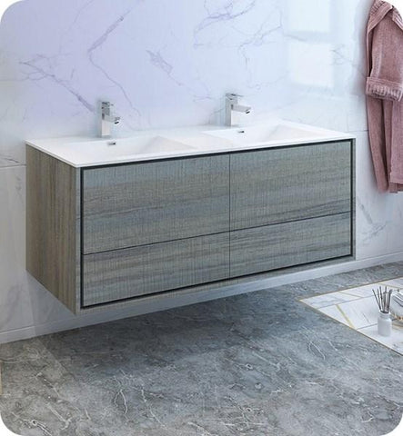 Image of Fresca Catania 60" Ocean Gray Wall Hung Modern Bathroom Cabinet w/ Integrated Double Sink | FCB9260OG-D-I