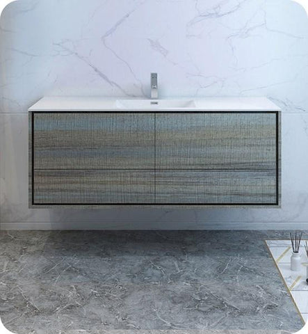 Image of Fresca Catania 60" Ocean Gray Wall Hung Modern Bathroom Cabinet w/ Integrated Single Sink | FCB9260OG-S-I