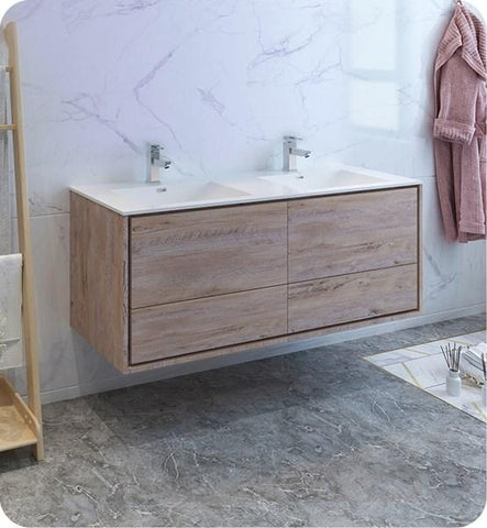 Fresca Catania 60" Rustic Natural Wood Wall Hung Modern Bathroom Cabinet w/ Integrated Double Sink | FCB9260RNW-D-I