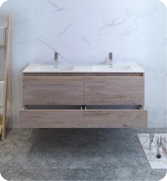 Fresca Catania 60" Rustic Natural Wood Wall Hung Modern Bathroom Cabinet w/ Integrated Double Sink | FCB9260RNW-D-I