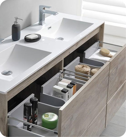 Image of Fresca Catania 60" Rustic Natural Wood Wall Hung Modern Bathroom Cabinet w/ Integrated Double Sink | FCB9260RNW-D-I