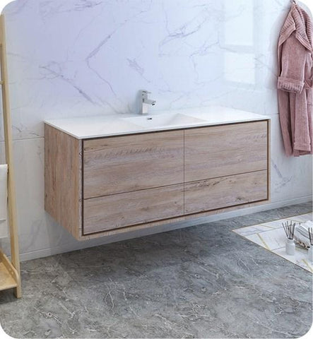 Image of Fresca Catania 60" Rustic Natural Wood Wall Hung Modern Bathroom Cabinet w/ Integrated Single Sink | FCB9260RNW-S-I