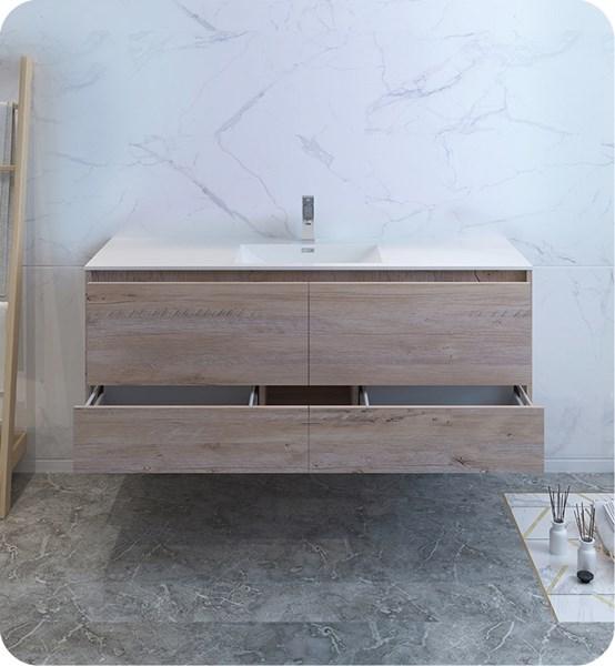 Fresca Catania 60" Rustic Natural Wood Wall Hung Modern Bathroom Cabinet w/ Integrated Single Sink | FCB9260RNW-S-I