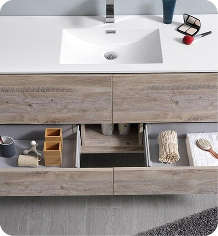 Image of Fresca Catania 60" Rustic Natural Wood Wall Hung Modern Bathroom Cabinet w/ Integrated Single Sink | FCB9260RNW-S-I