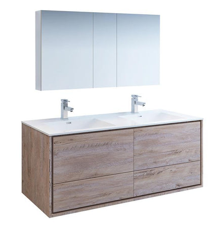 Image of Fresca Catania 60" Rustic Wood Double Sink Bath Vanity Set w/ Cabinet & Faucet FVN9260RNW-D-FFT1030BN