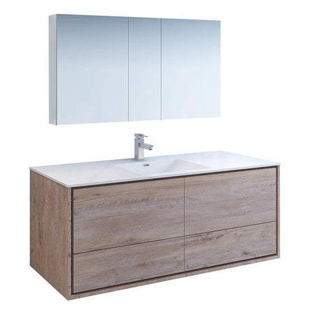 Image of Fresca Catania 60" Rustic Wood Single Sink Bath Vanity Set w/ Cabinet & Faucet FVN9260RNW-S-FFT1030BN