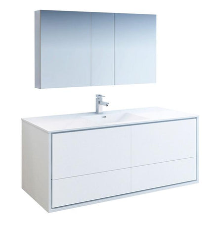 Image of Fresca Catania 60" White Single Sink Bath Bowl Vanity Set w/ Cabinet & Faucet FVN9260WH-S-FFT1030BN