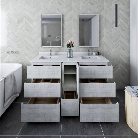 Image of Fresca Formosa 60" Rustic White Freestanding Double Sink Modern Bathroom Vanity | FCB31-241224RWH-FC-CWH-U FCB31-241224RWH-FC-CWH-U