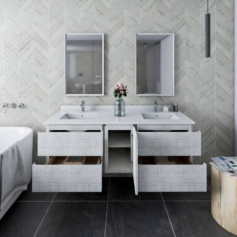 Image of Fresca Formosa 60" Rustic White Wall Hung Double Sink Modern Bathroom Vanity | FCB31-241224RWH-CWH-U FCB31-241224RWH-CWH-U