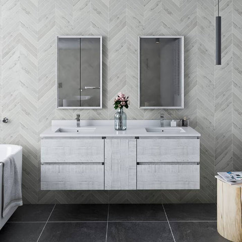 Image of Fresca Formosa 60" Rustic White Wall Hung Double Sink Modern Bathroom Vanity | FCB31-241224RWH-CWH-U FCB31-241224RWH-CWH-U