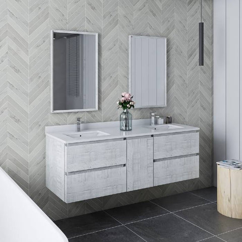 Image of Fresca Formosa 60" Rustic White Wall Hung Double Sink Modern Bathroom Vanity | FCB31-241224RWH-CWH-U
