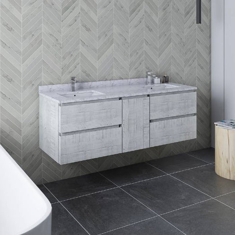 Image of Fresca Formosa 60" Rustic White Wall Hung Double Sink Modern Bathroom Vanity | FCB31-241224RWH-CWH-U