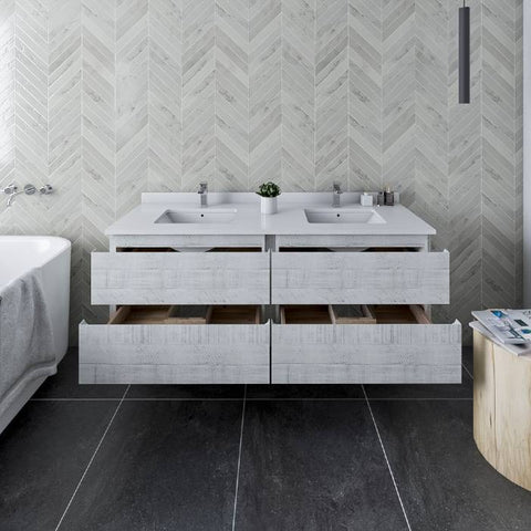 Image of Fresca Formosa 60" Rustic White Wall Hung Double Sink Modern Bathroom Vanity | FCB31-3030RWH-CWH-U FCB31-3030RWH-CWH-U