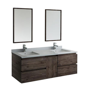 The Asheville Double Sink Barnwood Vanity, With Makeup Area, Wood  Countertop, And Mirror Wall.