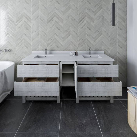 Image of Fresca Formosa 70" Rustic White Freestanding Open Bottom Double Sink Modern Bathroom Base Cabinet | FCB31-301230RWH-FS