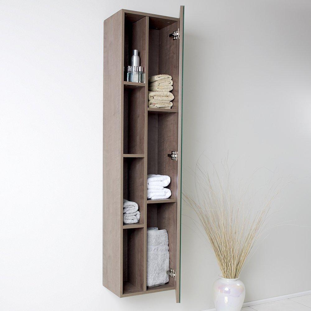 Fresca Gray Oak Bathroom Linen Side Cabinet w/ 4 Cubby Holes & Mirror FST8070GO